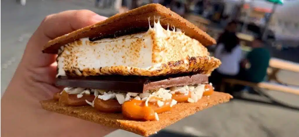 An ooey gooey smore with melty marshmallow and caramel